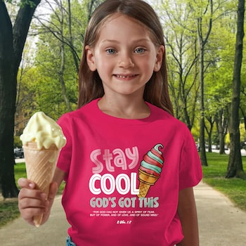 Christian Tshirt worn by a young girl holding an Ice Cream Cone with a shirt that says Stay Cool, God's Got This and a bible verse below it.